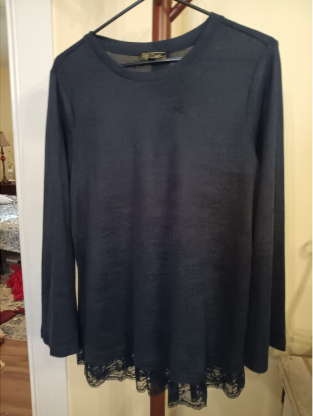 DG2 By Diane Gilman Womens Blouse Blue Long Sleeve Top With Lace Accent On Hem L